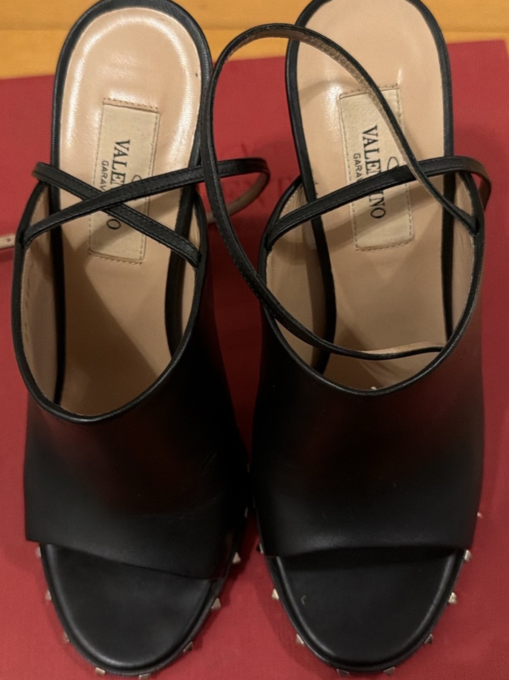 Valentino Black Leather Crisscross Strap Peep-Toe Heels